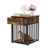 Dog Crate Furniture, Dog House, Decorative Dog Kennel With Drawer, Indoor Pet Crate End Table For Small Dog, Iron Tube Dog Cage, Chew Proof Brown Mdf