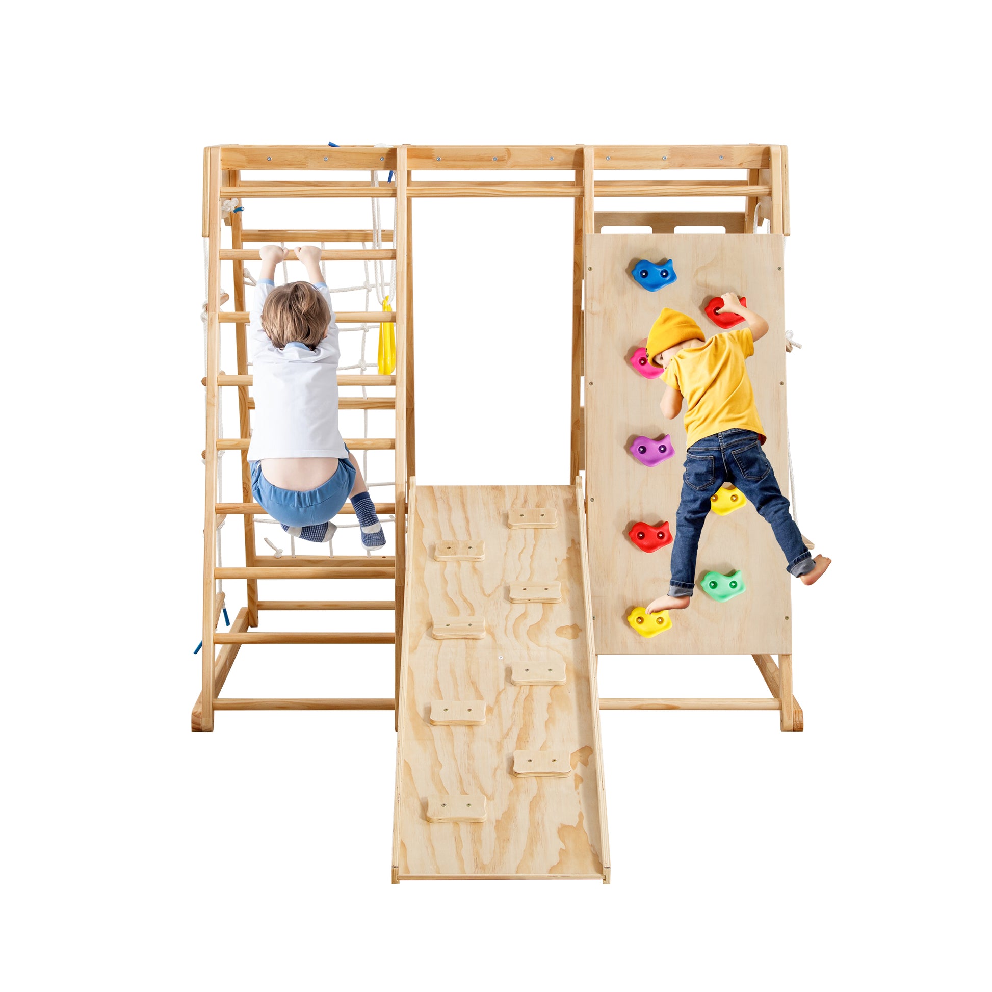 Toddler Indoor Wooden Gym 8 In 1 Indoor Playground Climbing Toy Set With Slide Swing Climbing Net Rings, Kids Indoor Playground Climbing Toys Natural Wood Wood Plastic