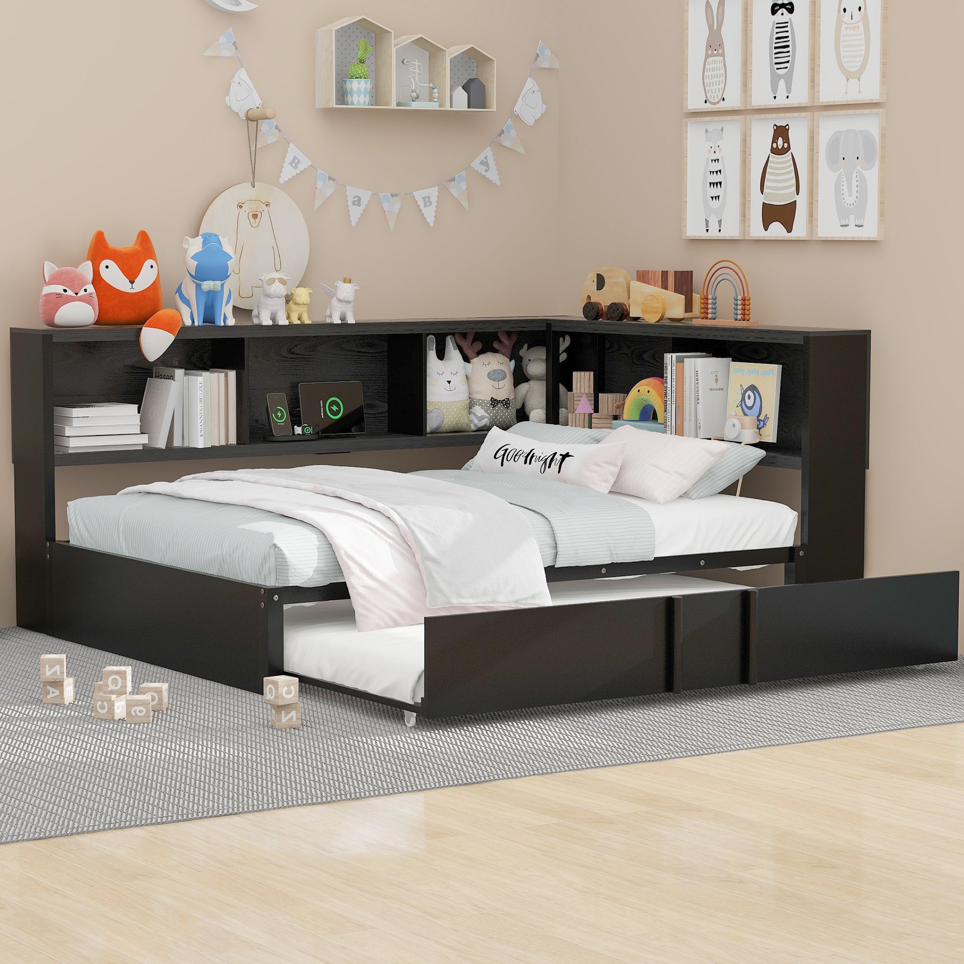 Metal Full Size Daybed With Trundle, Storage Cabinets And Usb Ports, Black Full Black Metal