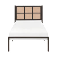 1Pc Twin Platform Bed, Metal Frame Dark Bronze Finish Faux Cane Panel Headboard Casual Coastal Bedroom Furniture, Bed In A Box Box Spring Not Required Twin Bronze Metal Bedroom Casual,Coastal Metal