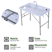 Outsunny Folding Camping Table With Faucet And Dual Water Basins, Outdoor Fish Table Sink Station, For Picnic, Fishing, 40'' White Hdpe