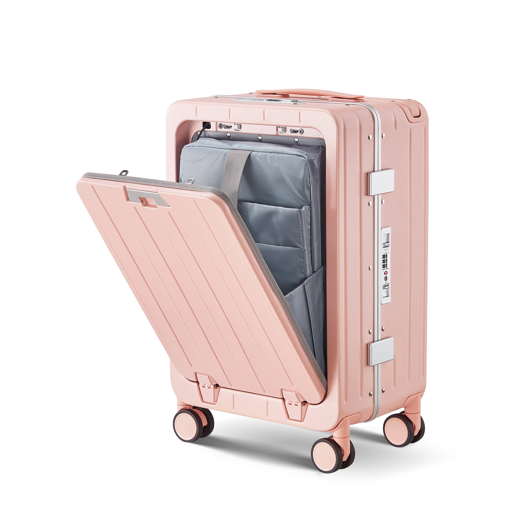 Aluminum Frame 20 Inch With Front Open Carry On Luggage, Pc Hard Shell Suitcase, Bounce Wide Handle Pull Rod Luggage With 360 Double Wheels, Built In Tsa Lock, Airline Approved Suitcase For Business Pink Pc