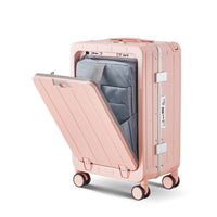 Aluminum Frame 20 Inch With Front Open Carry On Luggage, Pc Hard Shell Suitcase, Bounce Wide Handle Pull Rod Luggage With 360 Double Wheels, Built In Tsa Lock, Airline Approved Suitcase For Business Pink Pc