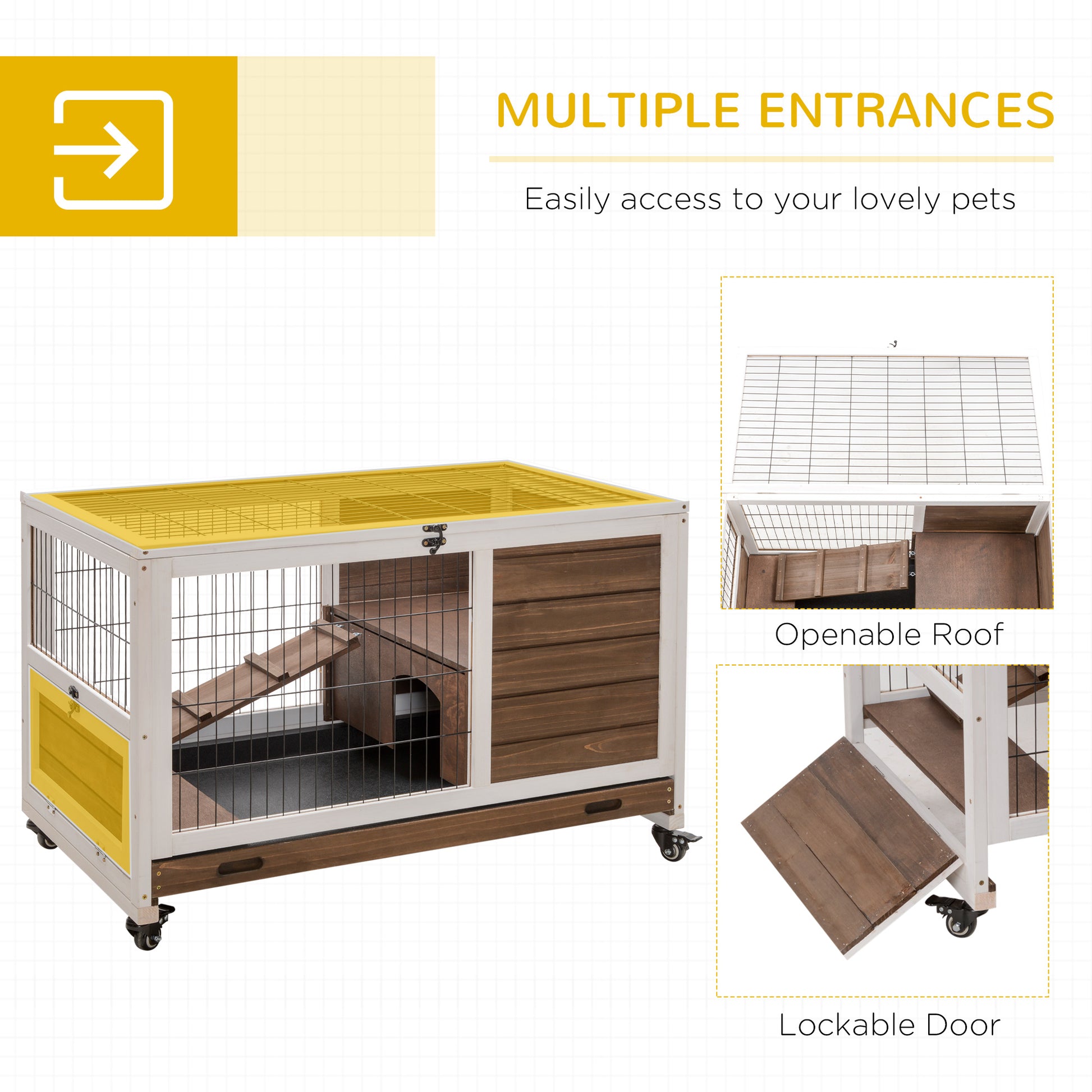 Pawhut Wooden Rabbit Hutch Indoor Outdoor, Elevated Bunny Cage With No Leak Tray Enclosed Run With Wheels, Ideal For Guinea Pigs And Small Animals, Brown Brown Wood