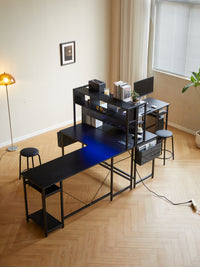 94.5 Inch Home Office Desk L Shape Gaming Desk With Led Storage Shelves Metal Pannel And Stool Black Black Marble Metal