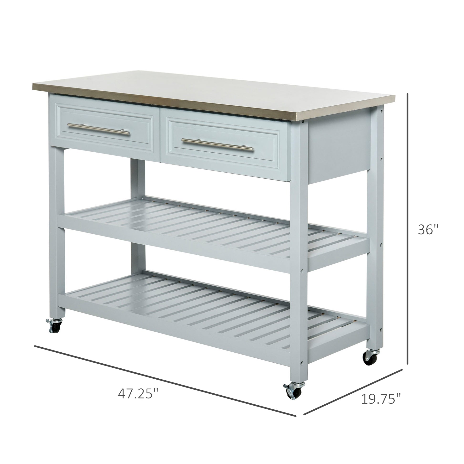 Homcom Kitchen Island With Stainless Steel Top, Traditional Kitchen Island With Storage, 2 Tier Open Shelves, Drawers, Light Gray Grey Wood