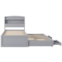 Twin Xl Size Platform Bed With Storage Led Headboard, Charging Station, Twin Size Trundle And 2 Drawers, Gray Box Spring Not Required Twin Xl Gray Wood Bedroom Bed Frame Solid Wood Mdf