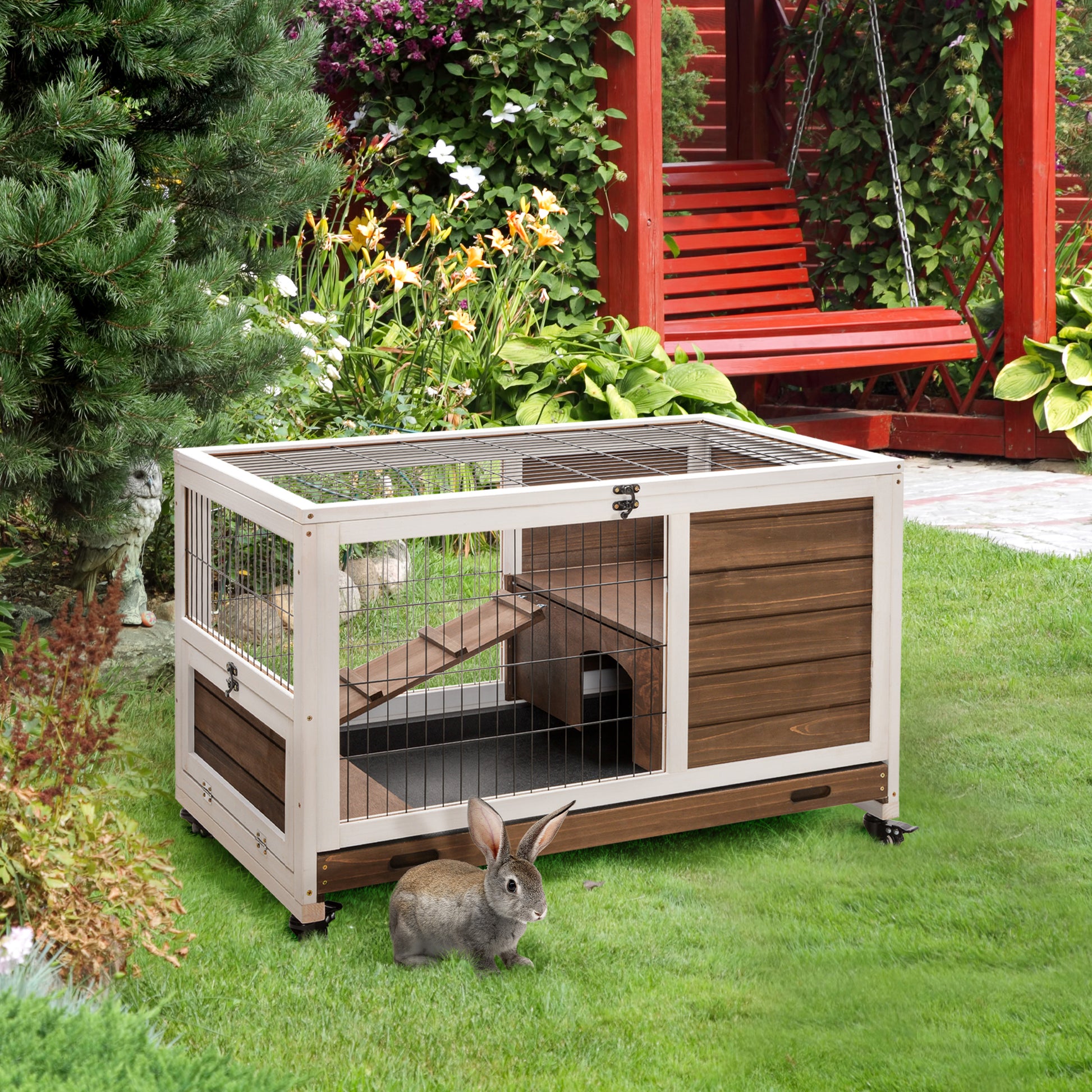 Pawhut Wooden Rabbit Hutch Indoor Outdoor, Elevated Bunny Cage With No Leak Tray Enclosed Run With Wheels, Ideal For Guinea Pigs And Small Animals, Brown Brown Wood