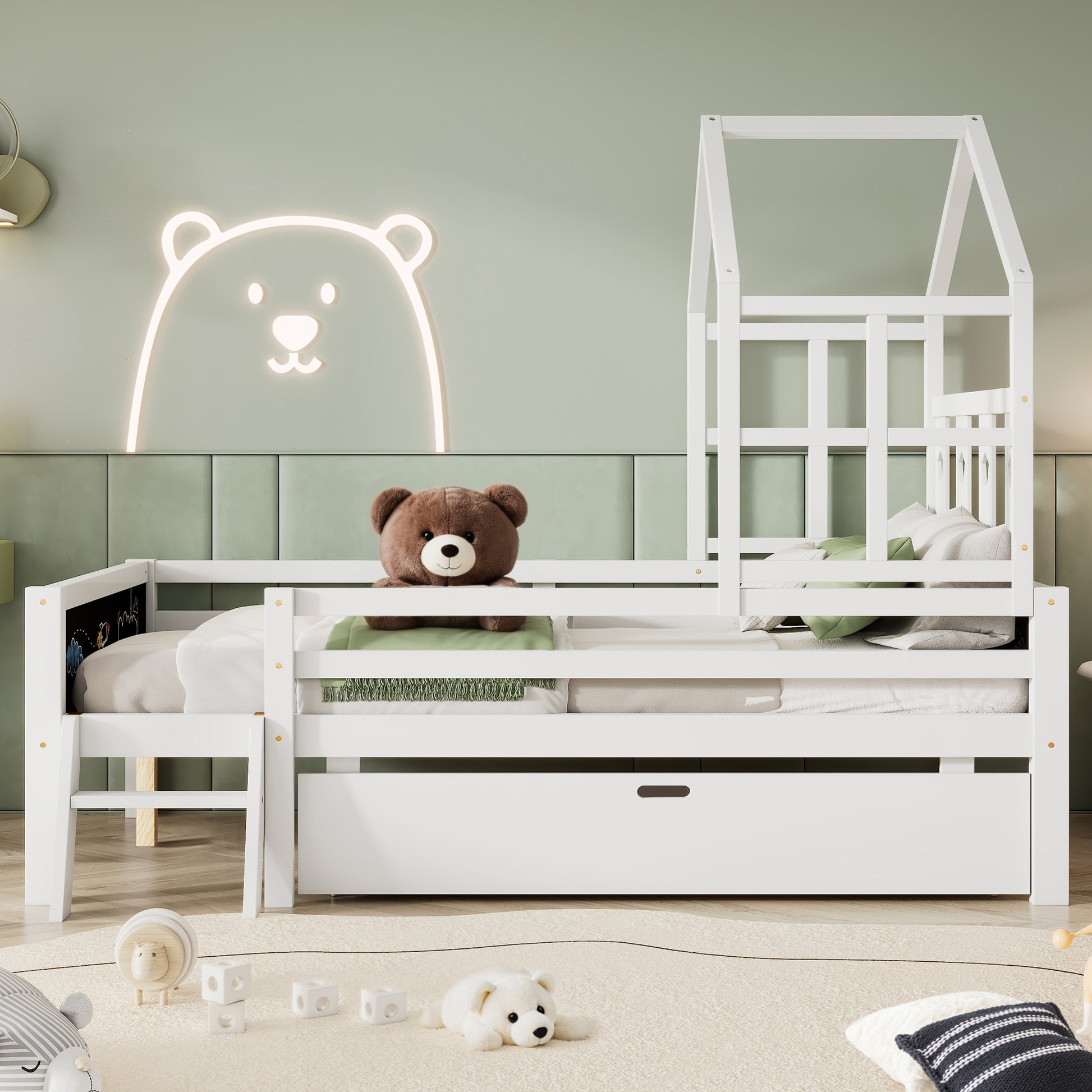 Full Size House Bed With Ladder And Storage Drawers For Kid Bedroom,Solid Wood Platfrom Bedframe With 2 Blackboard Design, No Box Spring Needed, White Full White Partice Board Mdf Pine Wood