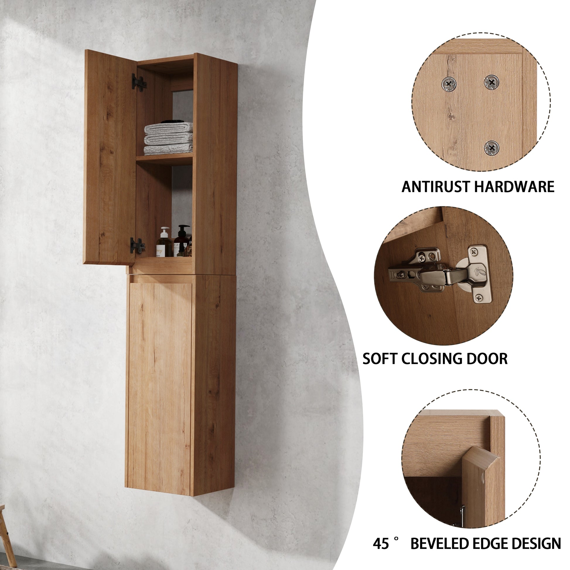 12" Bathroom Side Cabinet, 2 Soft Close Doors, Float Mounting Design, 12*2 Kd Packing Imitative Oak 2 Bathroom Wall Mounted Modern Plywood Plywood