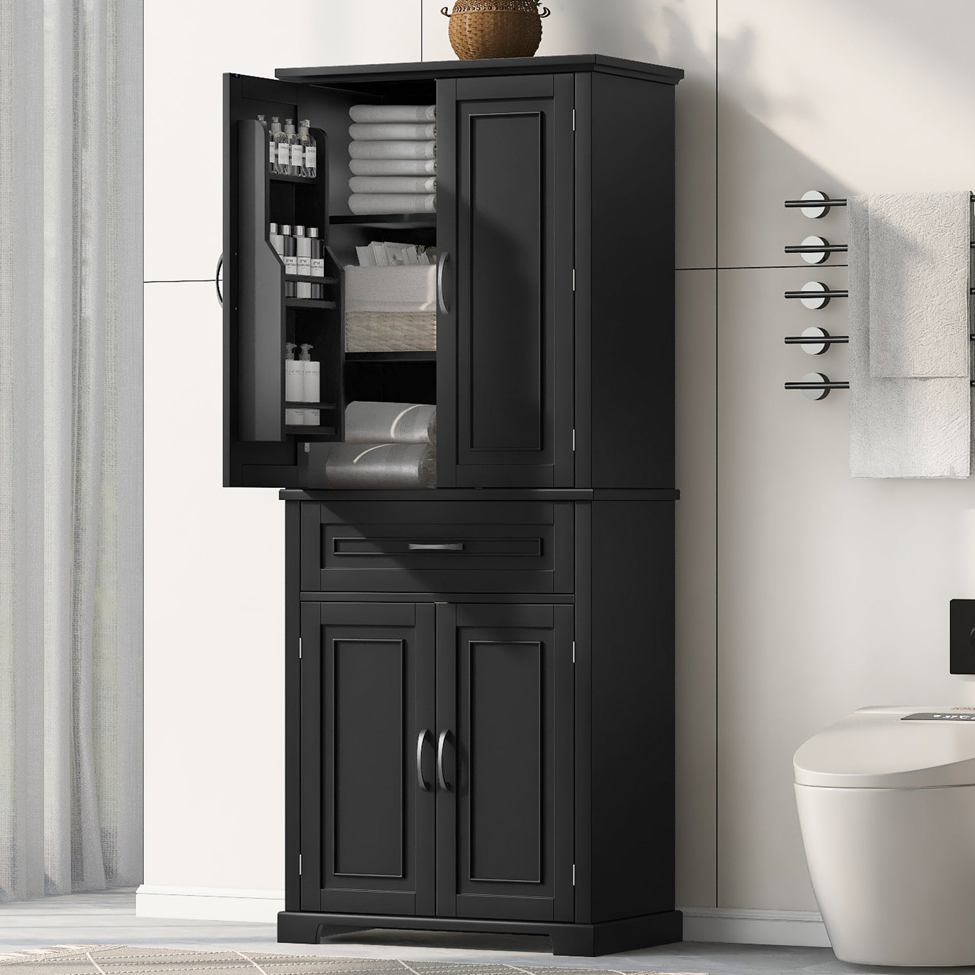 Bathroom Storage Cabinet With Doors And Drawer, Multiple Storage Space, Adjustable Shelf, Black Black Mdf