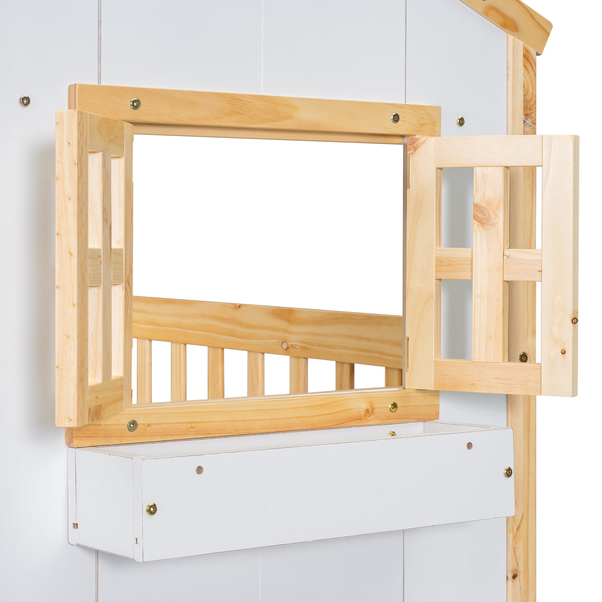 Twin Over Twin House Bunk Bed With Roofwindow, Window Box, Doorwith Safety Guardrails And Ladder, Natural White Twin Natural White Pine