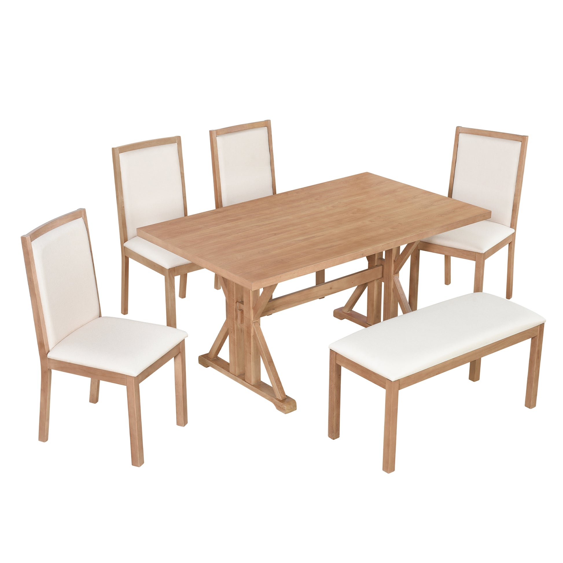 Farmhouse Classical 6 Piece Dining Table Set With Trestle Legs,Kitchen Table Set For 6 With 4 Upholstered Dining Chairs And Bench, Natural Wood Dining Room Solid Wood Rubberwood Rectangular Dining Table With Chair And Bench Upholstered Chair Wood Natural