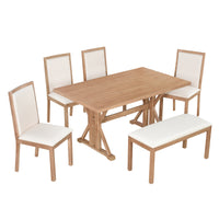 Farmhouse Classical 6 Piece Dining Table Set With Trestle Legs,Kitchen Table Set For 6 With 4 Upholstered Dining Chairs And Bench, Natural Wood Dining Room Solid Wood Rubberwood Rectangular Dining Table With Chair And Bench Upholstered Chair Wood Natural