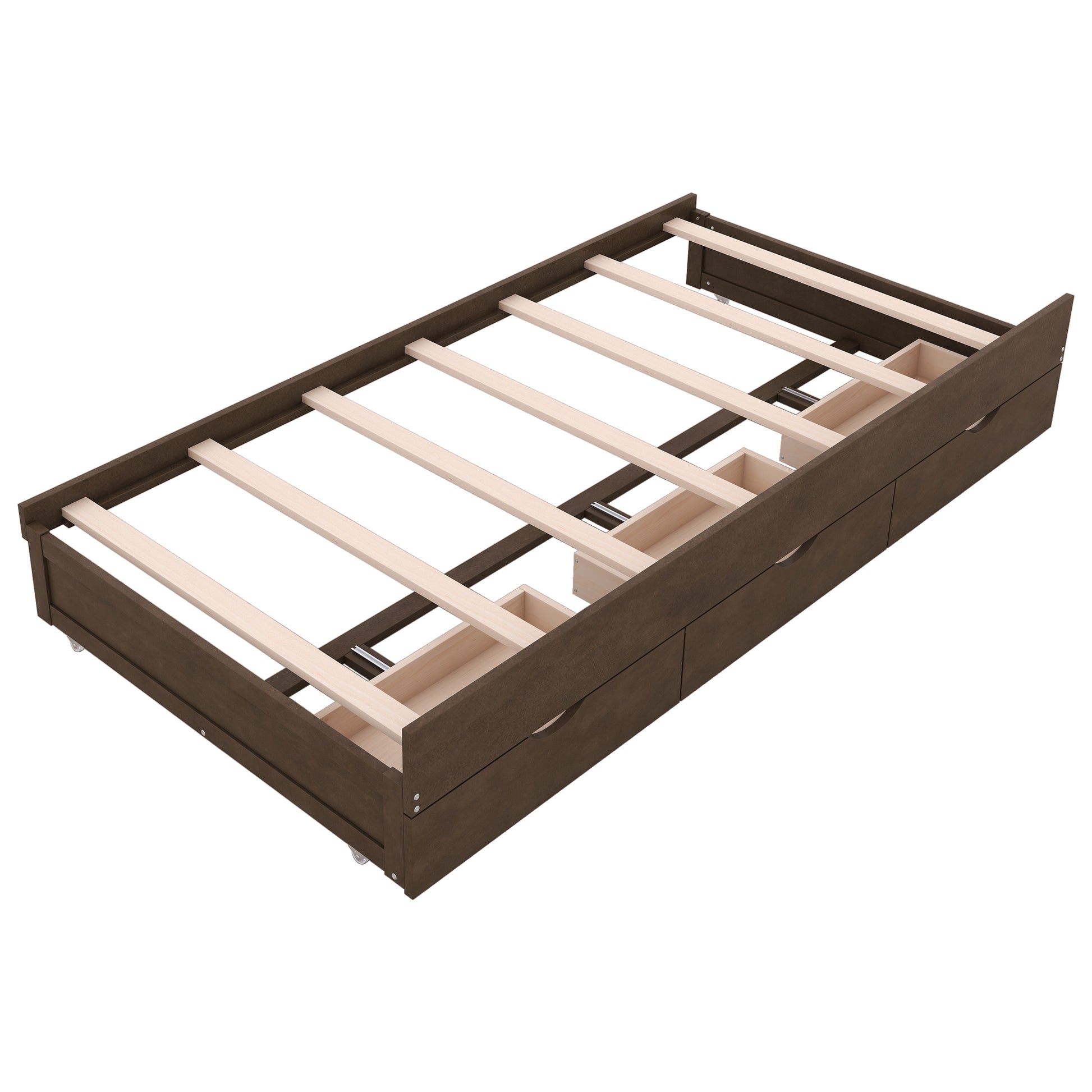Twin Size Wooden Led Platform Bed With Trundle, With Storage Headboard, With Drawers, Brown Twin Brown Plywood