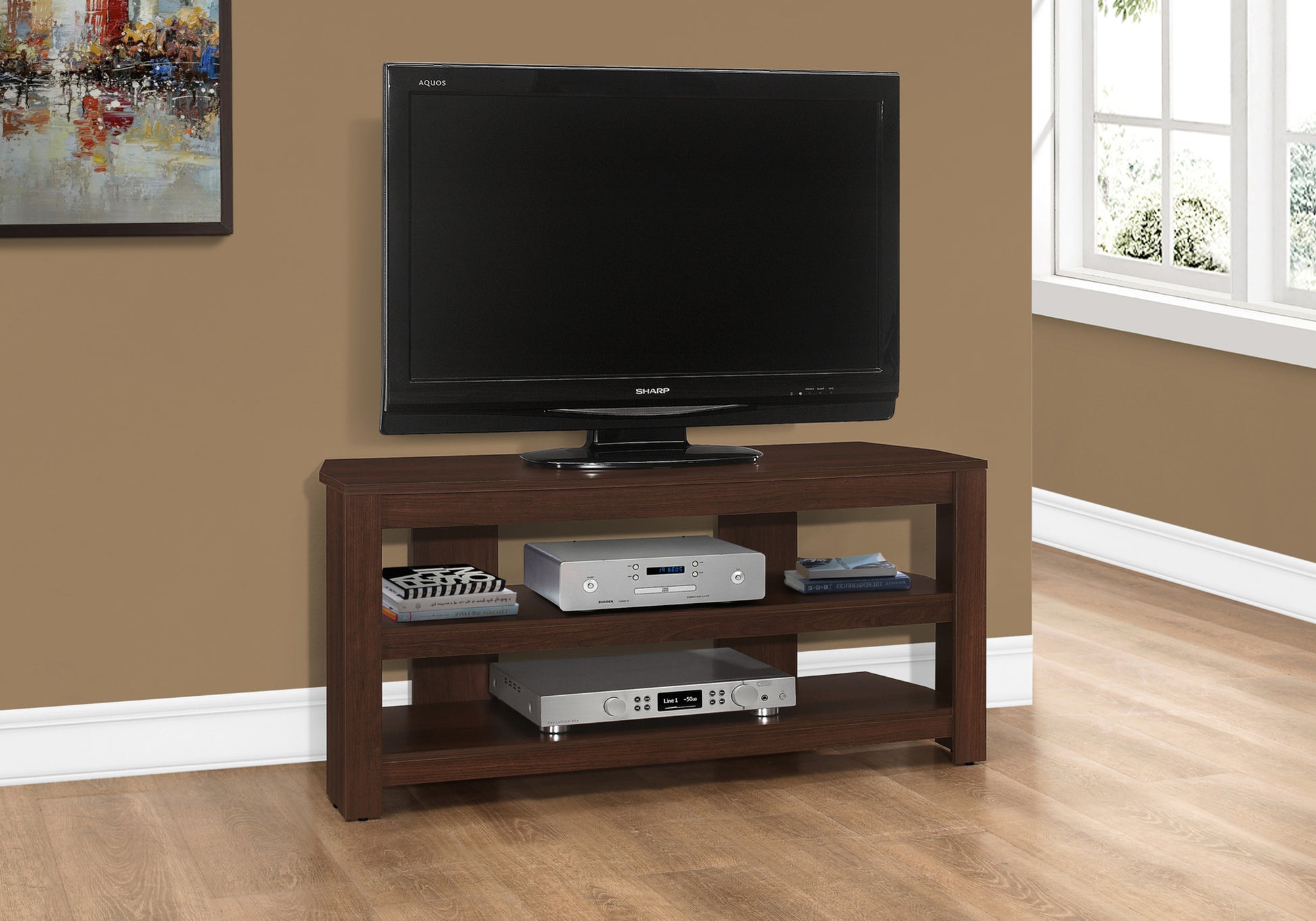 Tv Stand, 42 Inch, Console, Media Entertainment Center, Storage Shelves, Living Room, Bedroom, Brown Laminate, Contemporary, Modern Cherry 80 89 Inches Particle Board