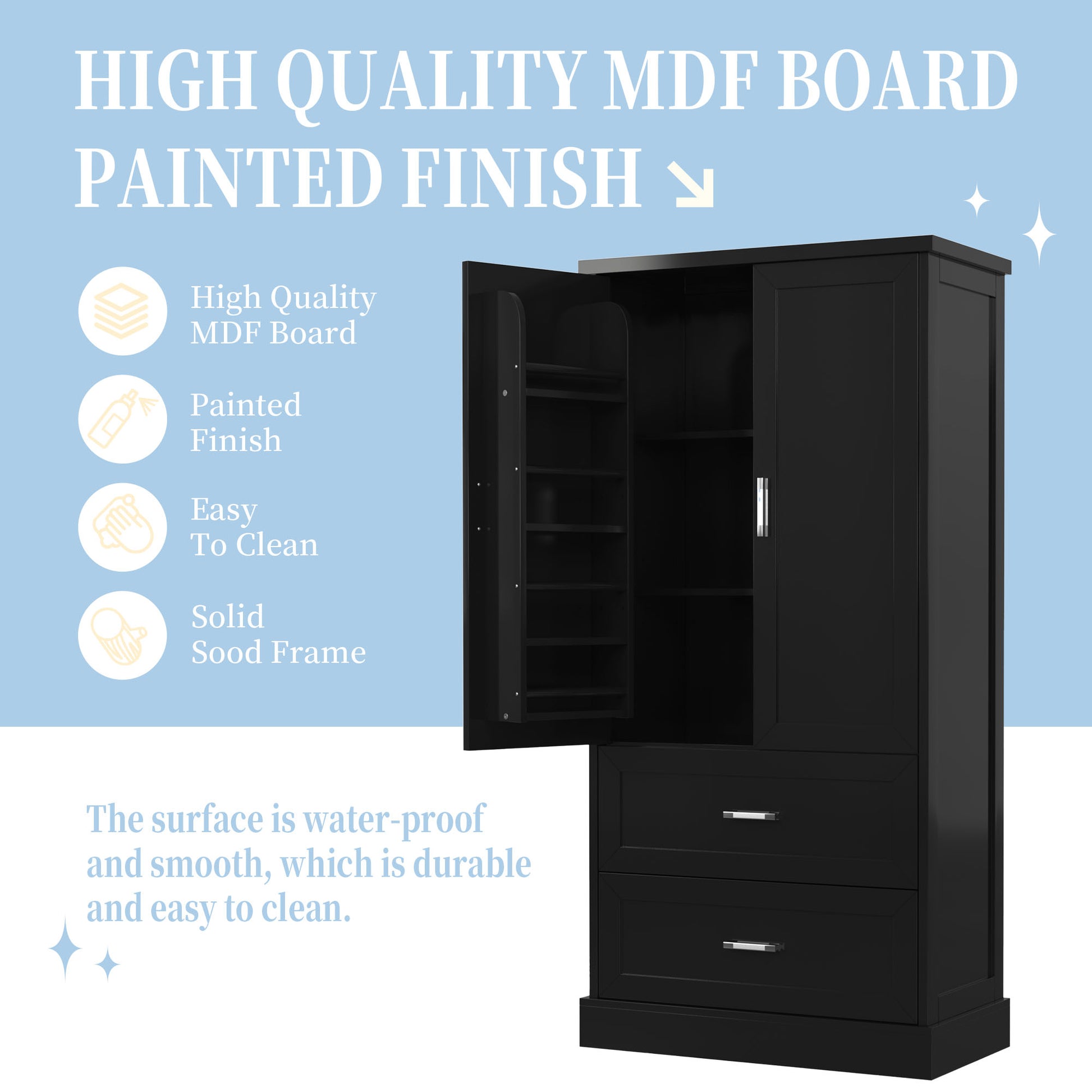 Tall Bathroom Storage Cabinet, Cabinet With Two Doors And Drawers, Adjustable Shelf, Mdf Board, Black Black Mdf