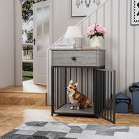 Dog Crate Furniture, Dog House, Decorative Dog Kennel With Drawer, Indoor Pet Crate End Table For Small Dog, Iron Tube Dog Cage, Chew Proof Gray Mdf