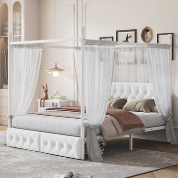 Queen Size Metal Canopy Platform Bed With Upholstered Headboard And Two Storage Drawers, White Queen White Metal