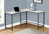 Computer Desk, Home Office, Corner, 58"L, L Shape, Work, Laptop, White Marble Look Laminate, Black Metal, Contemporary, Modern White Particle Board