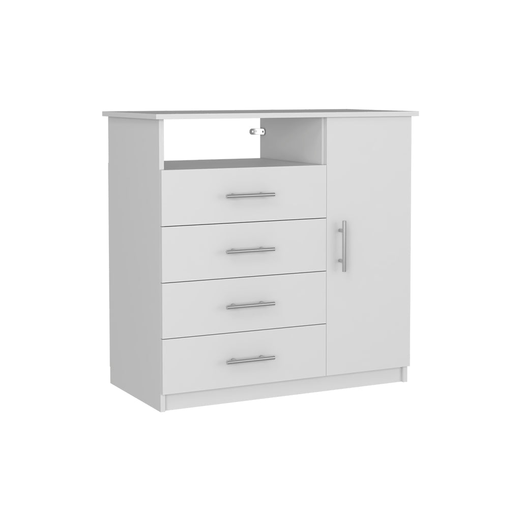 4 Drawer Dresser, One Open Shelf, Superior Top, Single Door Cabinet, White White Solid Wood Mdf Engineered Wood