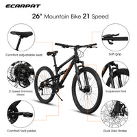 A26207 26 Inch Aluminum Frame Shock Fork Plus Shock Absorber 21 Speed Unisex Mountain Bike Black Without Wear Resistant Garden & Outdoor Sporty Multifunctional Steel