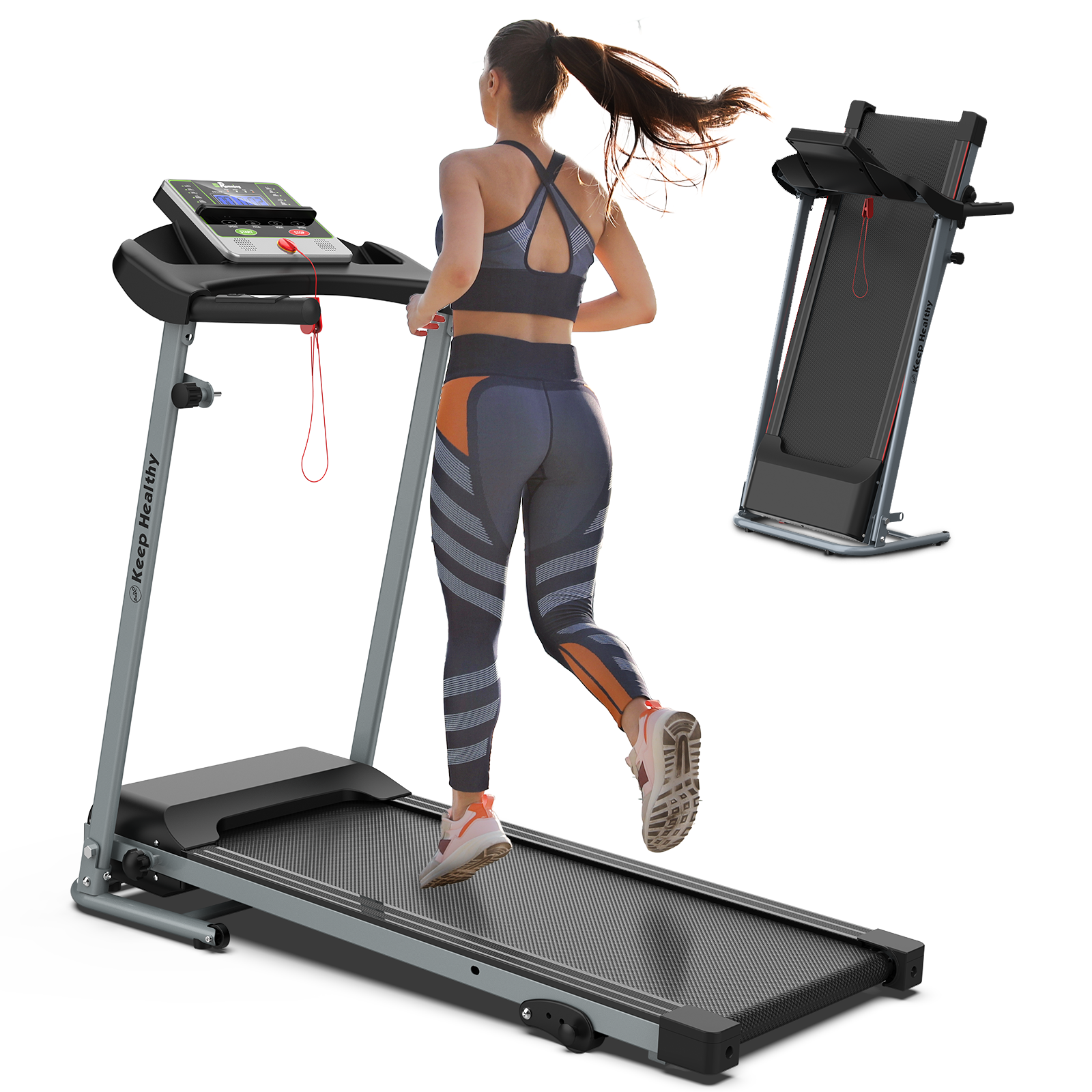 Folding Treadmill With Incline 2.5Hp 12Km H Electric Treadmill For Home Foldable, Bluetooth Music Cup Holder Heart Rate Sensor Walking Running Machine For Indoor Home Gym Exercise Fitness Silver Grey Stainless Steel