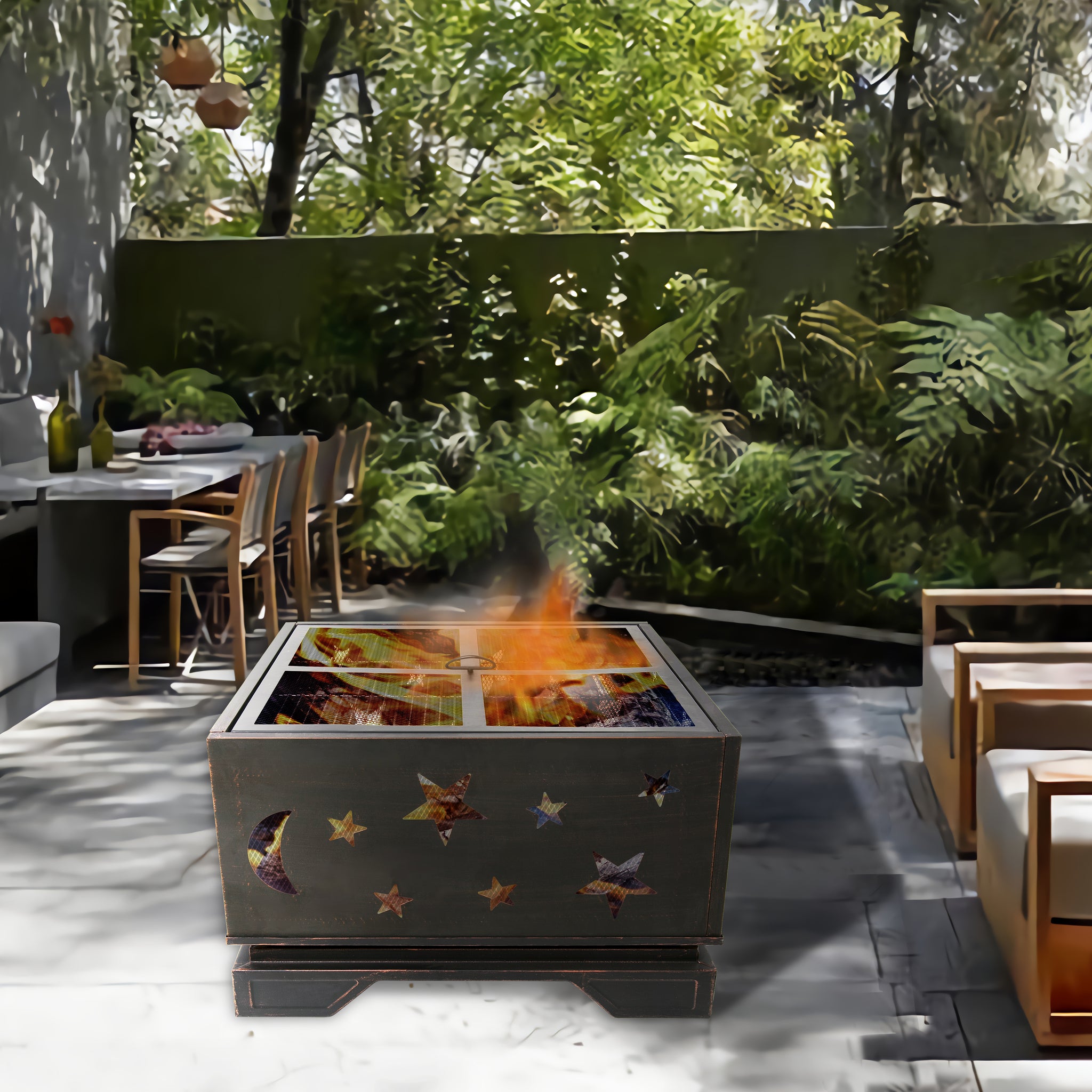 26 Inch Square Fire Pit With Bbq Grill, Outdoor Wood Burning Firepit With Poker, Large Burning Space Fireplace For Patio Garden Camping Backyard Picnic Bonfire Antique Brass Black Steel