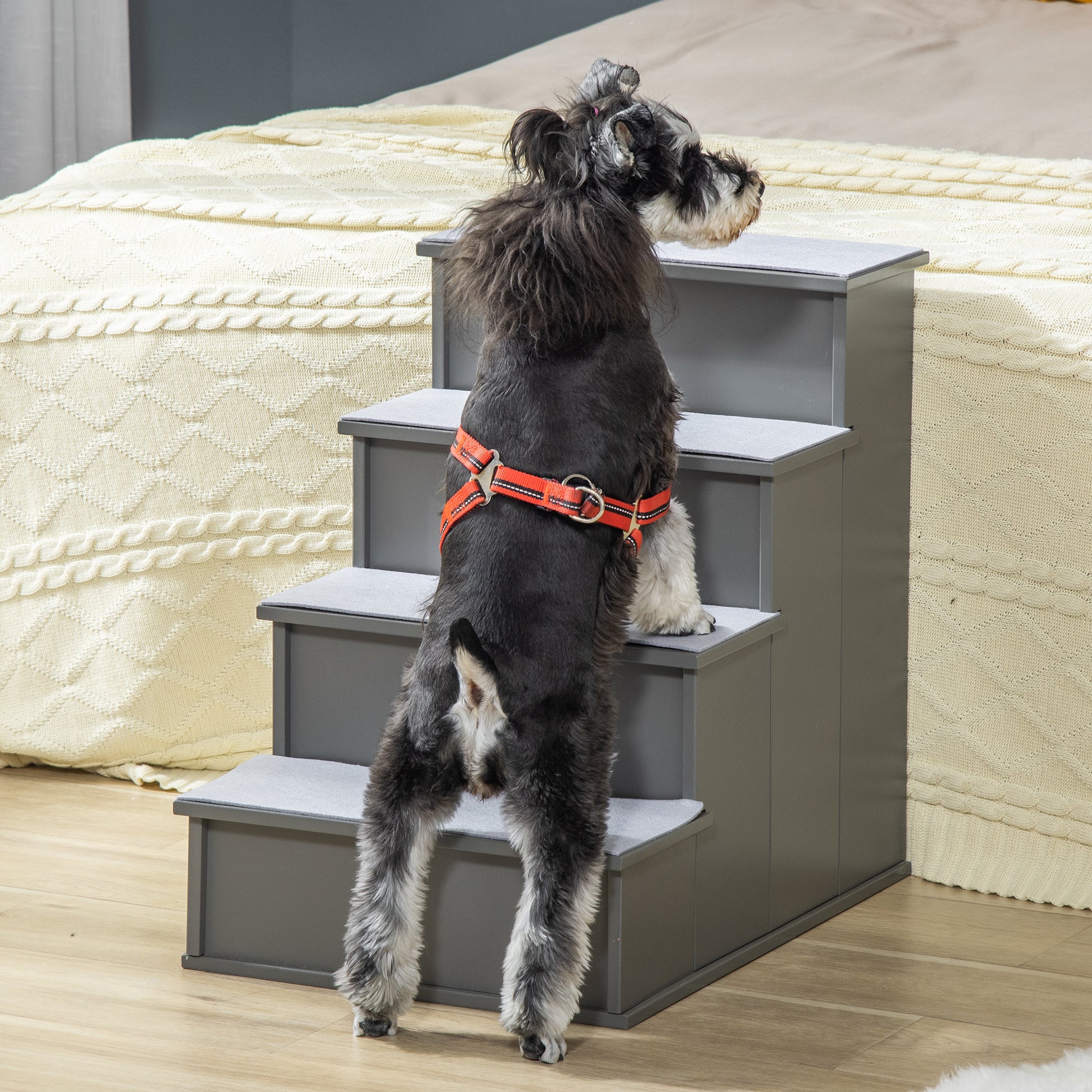 Pawhut Pet Stairs, Small Pet Steps With Cushioned Removable Covering For Dogs And Cats Up To 22 Lbs., Grey Grey Mdf