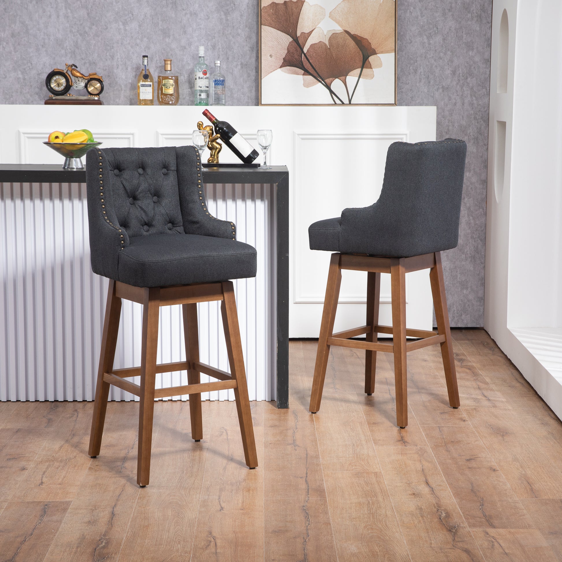 Coolmore Bar Stools Set Of 2 Counter Height Chairs With Footrest For Kitchen, Dining Room And 360 Degree Solid Wood Legs Swivel Bar Stools Set Of 2 Black Linen Black Foam Linen