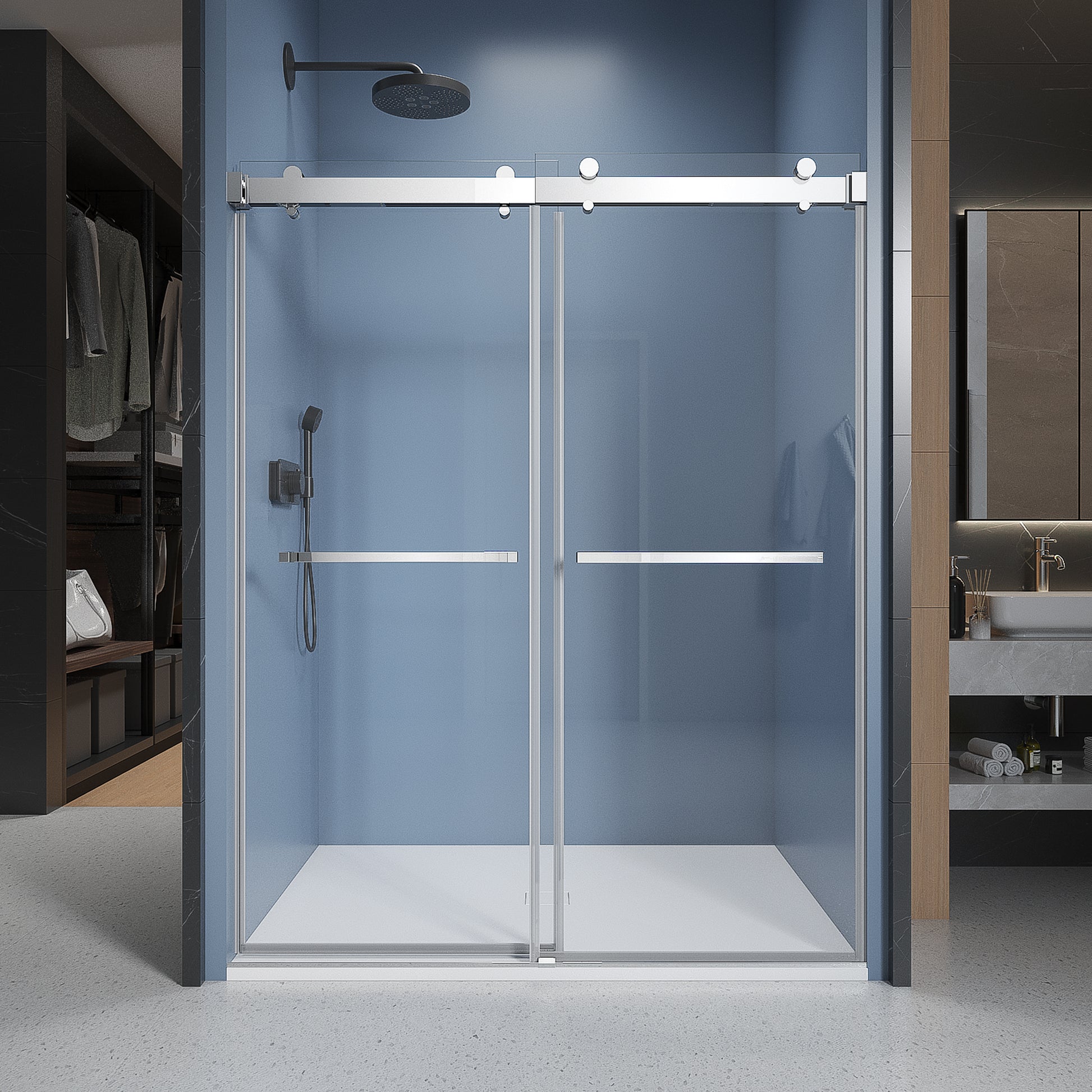 56" 60" Width 72" Height Double Sliding Framless Soft Close Shower Door With 3 8 Inches 10Mm Tempered Safety Glass, Chrome Finish Chrome Bathroom Luxury,Modern Glass Aluminium,Stainless Steel