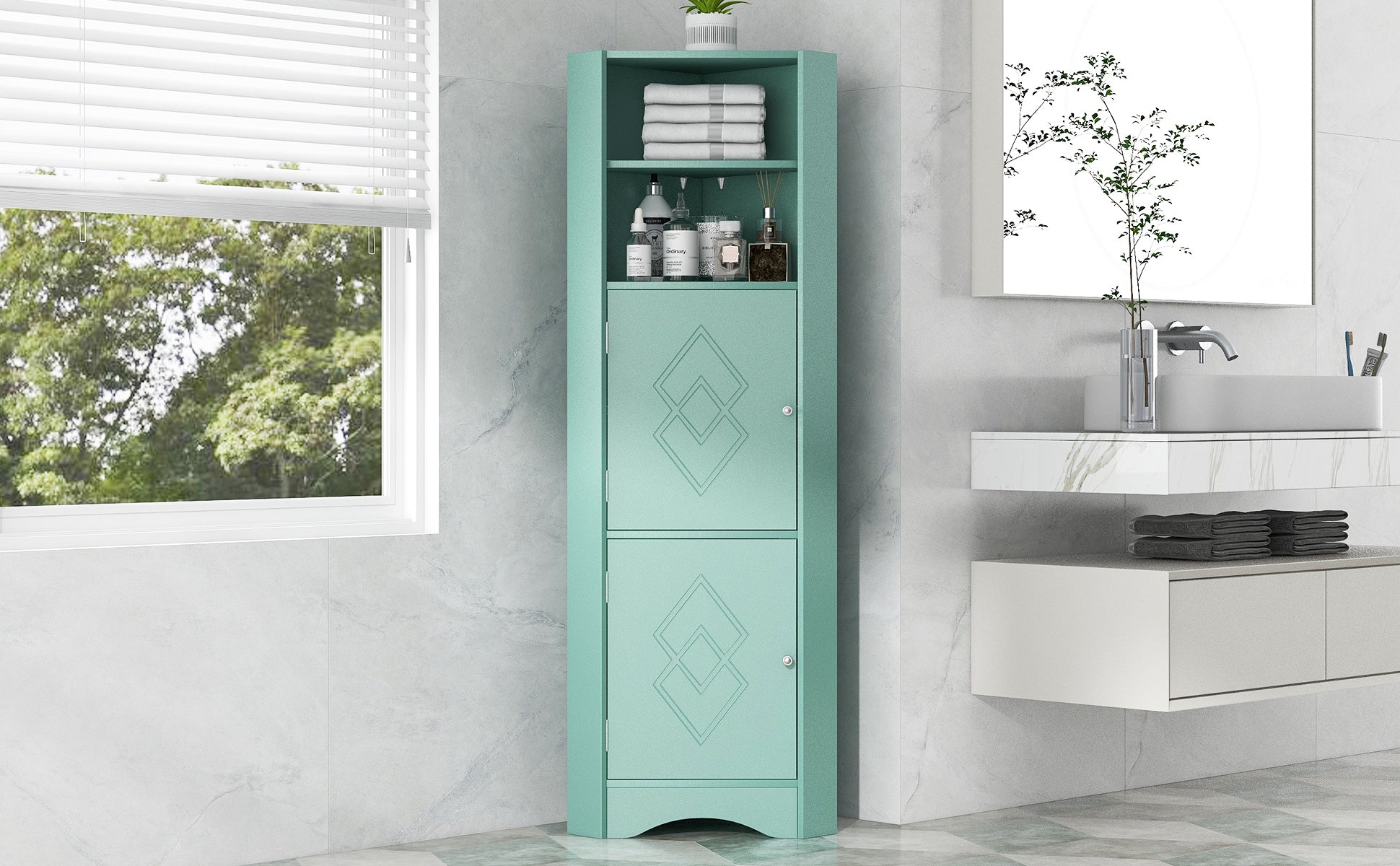 Tall Bathroom Corner Cabinet, Freestanding Storage Cabinet With Doors And Adjustable Shelves, Mdf Board, Green Green Mdf