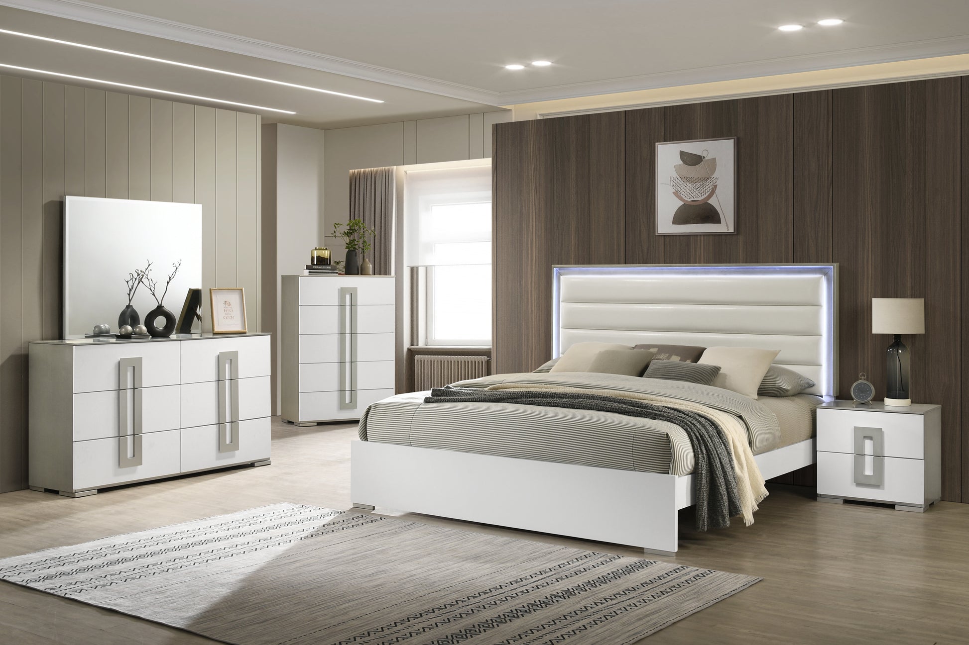 Olivia Contemporary Style Full Bed Made With Led Headboard & Wood In White Box Spring Required Full White Wood Bedroom Contemporary Bed Frame Solid Wood Mdf Faux Leather Wood