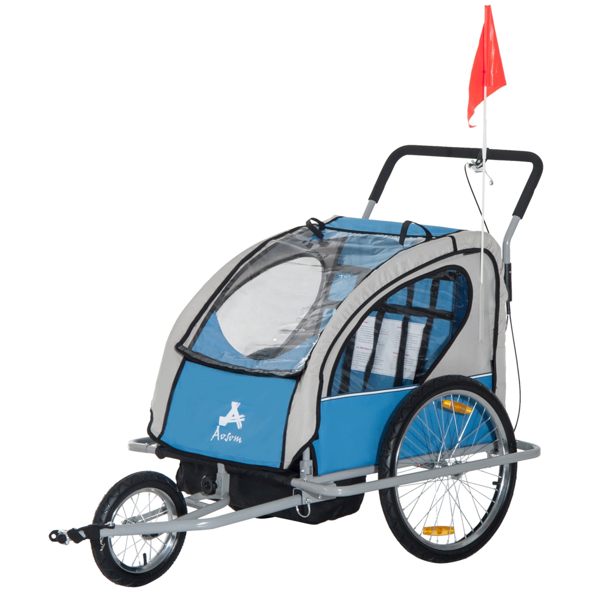 Aosom Elite Three Wheel Bike Trailer For Kids Bicycle Cart For Two Children With 2 Security Harnesses & Storage, Blue Blue Aluminum