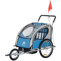 Aosom Elite Three Wheel Bike Trailer For Kids Bicycle Cart For Two Children With 2 Security Harnesses & Storage, Blue Blue Aluminum