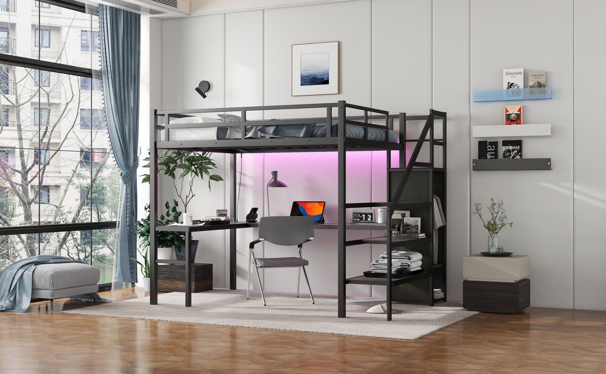 Full Size Loft Bed With L Shaped Desk And Usb, Metal Loft Bed With Wardrobe And Adjustable Shelf, High Loft Bed With Led For Kids Teens Adults, Black Black Metal