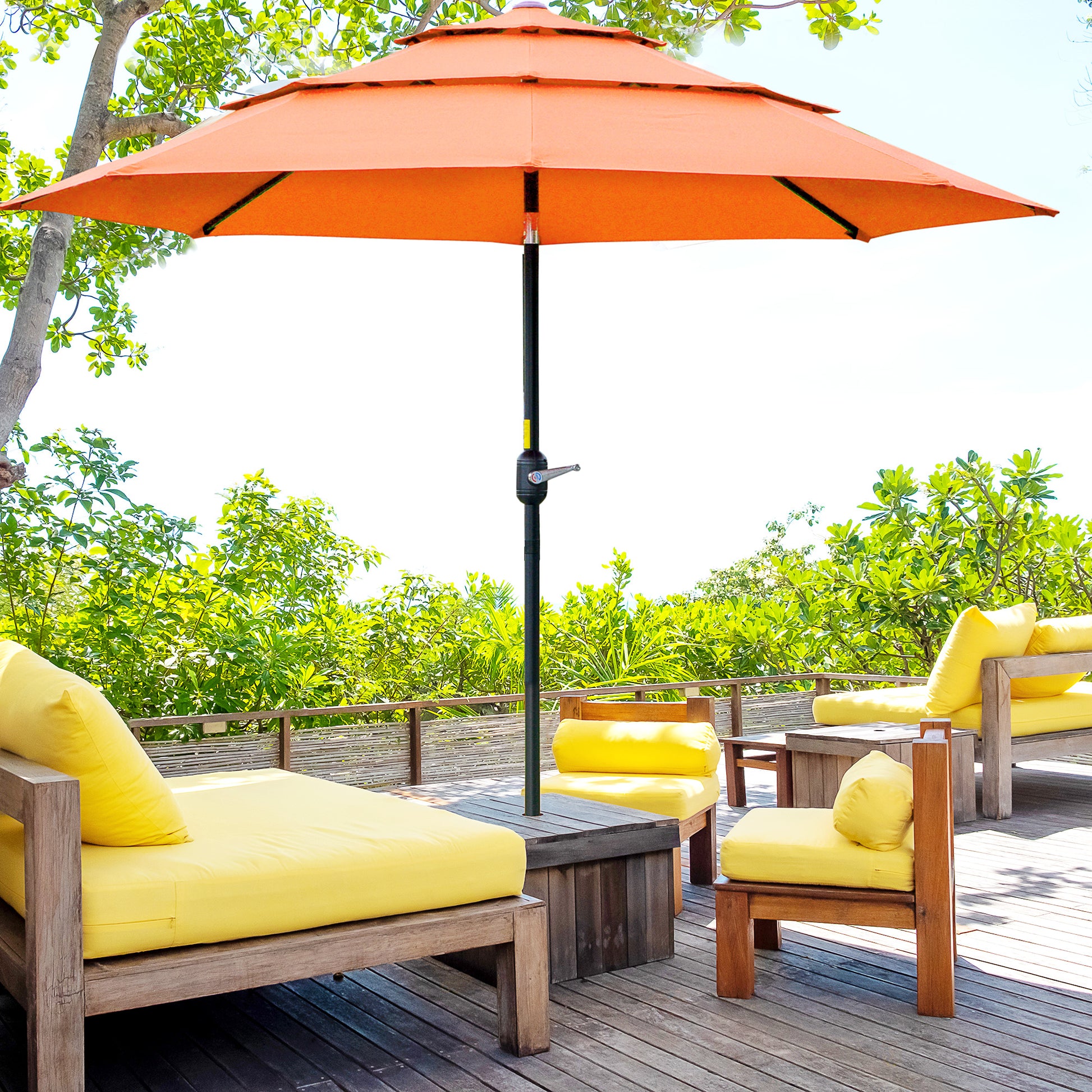 Outsunny 9Ft 3 Tiers Patio Umbrella Outdoor Market Umbrella With Crank, Push Button Tilt For Deck, Backyard And Lawn, Orange Orange Polyester