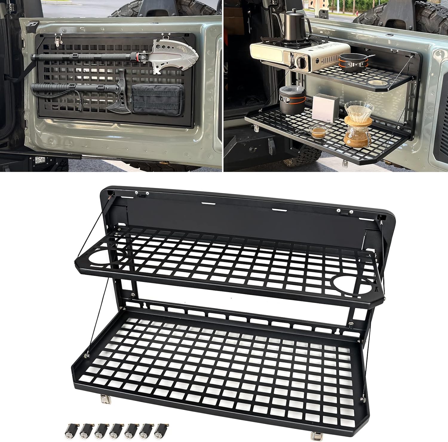 Tailgate Table Rear Foldable Cargo Shelf Aluminum Alloy Storage Shelf Molle Panel For Ford Bronco 2021 2024 Black Steel