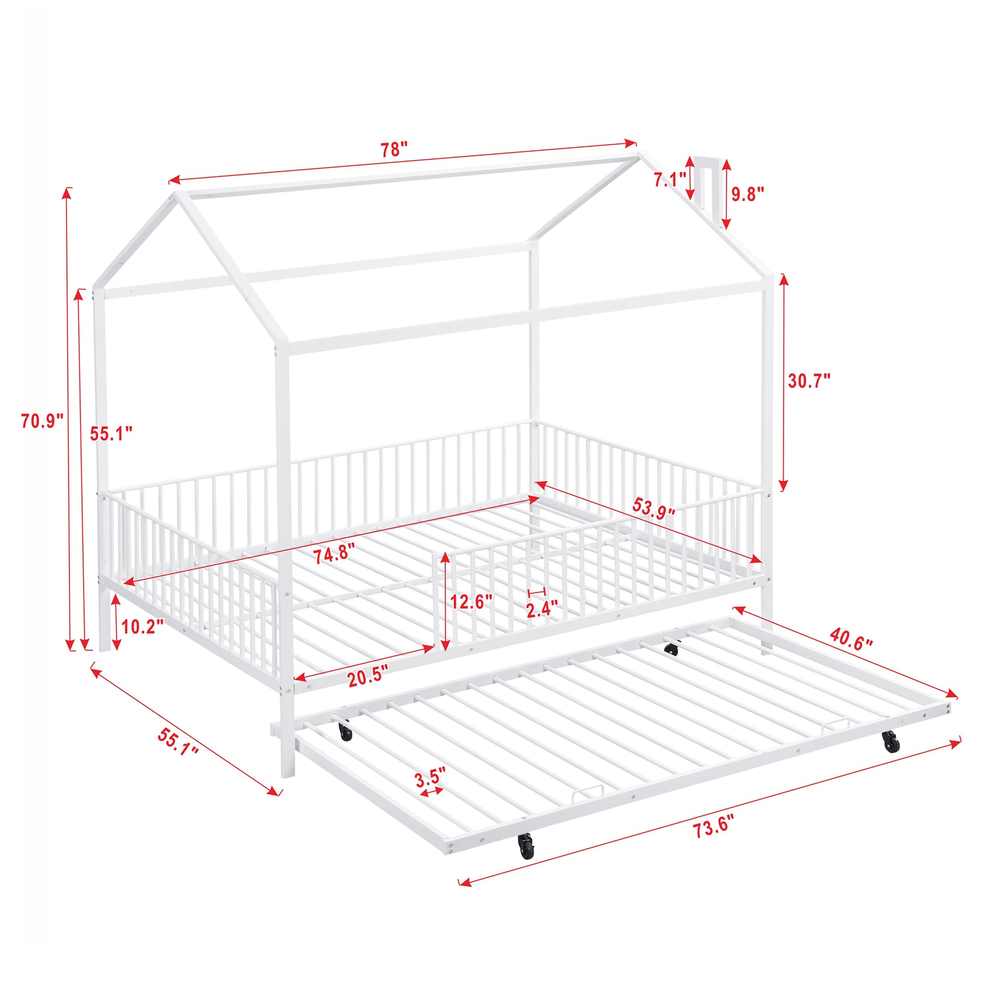 Full Size Metal House Bed With Fence, With Trundle, White Full White Metal