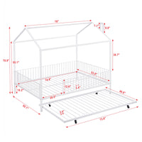 Full Size Metal House Bed With Fence, With Trundle, White Full White Metal