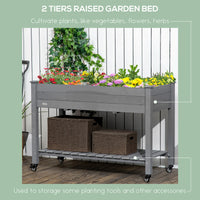 Outsunny Raised Garden Bed, 47" X 22" X 33", Elevated Wooden Planter Box With Lockable Wheels, Storage Shelf, And Bed Liner For Backyard, Patio, Dark Gray Gray Wood