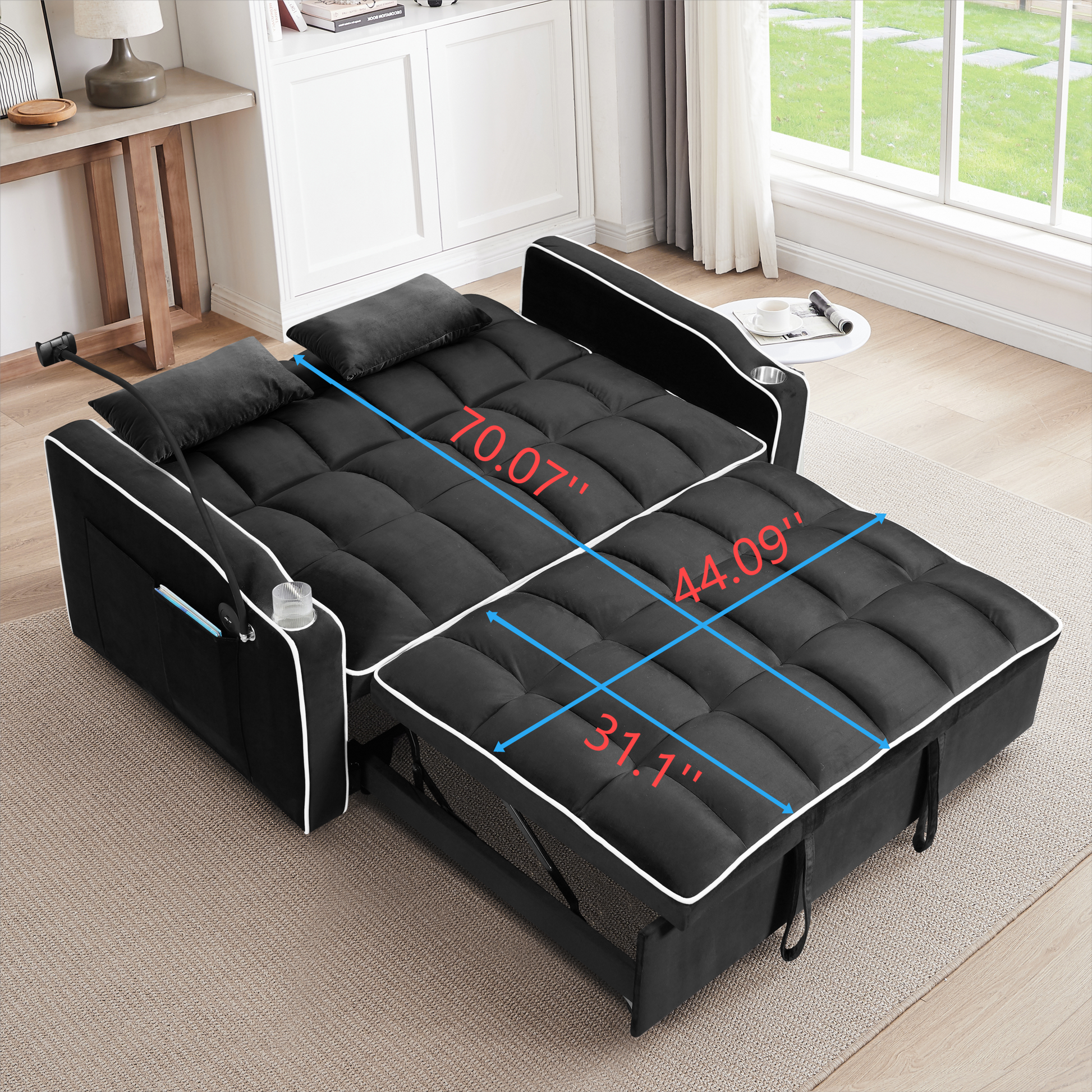 Multi Functional Pullout Sofa Bed, 3 Lengths, Modern Sofa Sofa Velvet Pull Out Bed, Adjustable Back, With Usb Port, Ashtray And Swivel Phone Stand Black Light Brown Wood Primary Living Space Medium