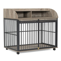 44'' Heavy Duty Large Dog Crate Furniture For Large Medium Dog With Lockable Wheels, Wooden Dog Crate Dog Kennel, End Table Crate With Double Layer Storage, Gray Gray Dog Engineered Wood