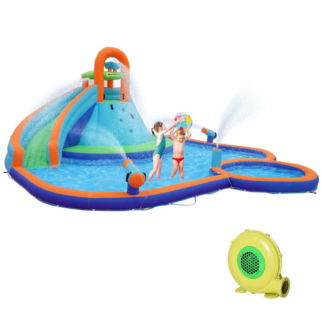 Outsunny Kids Inflatable Water Slide 4 In 1 Bounce House Water Park Jumping Castle With Water Pool, Slide, Climbing Walls, & 2 Water Cannons, 450W Air Blower Multicolor Oxford Fabric