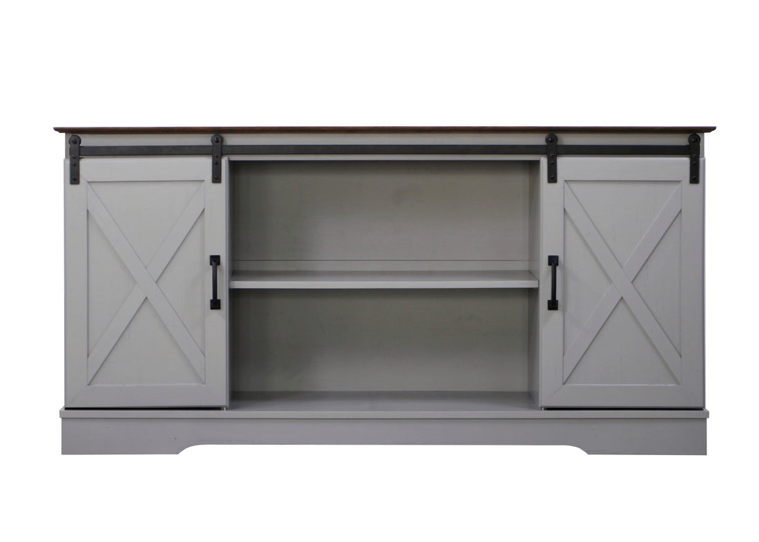 "56"" Tv Stand With 2 Barndoor" "Farmhouse Style Media Console With Barn Door Sliders Cape Code Gray And Rosewood Grain Finish, Multipurpose Entertainment Center" Multicolor 50 59 Inches Solid Wood