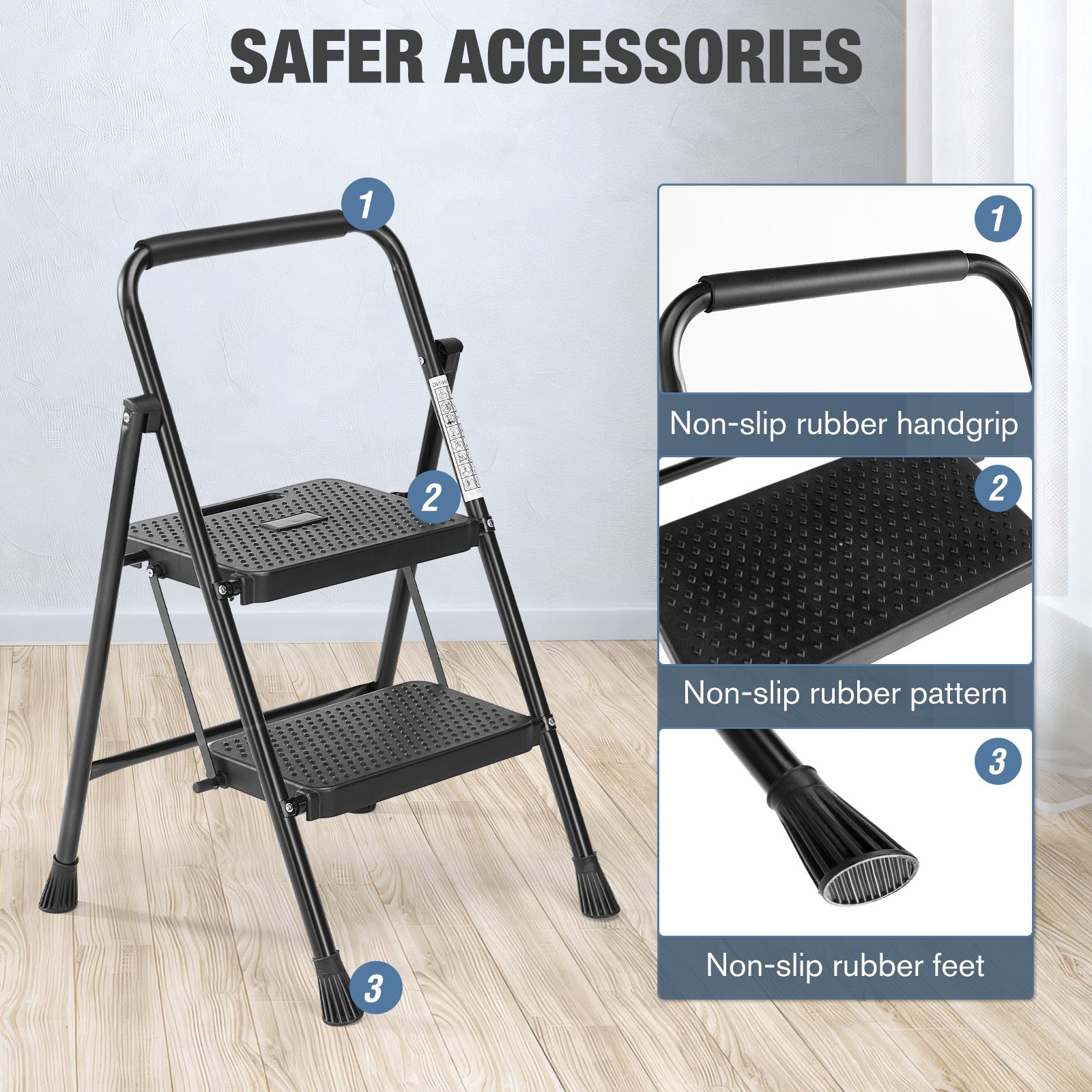 2 Non Slip Step Ladder, Quick Folding Steel Ladder Sturdy Metal Supported Household Tools For Home Office Work At Altitude, Portable Step Tools Black Abs Rubber Steel Q235