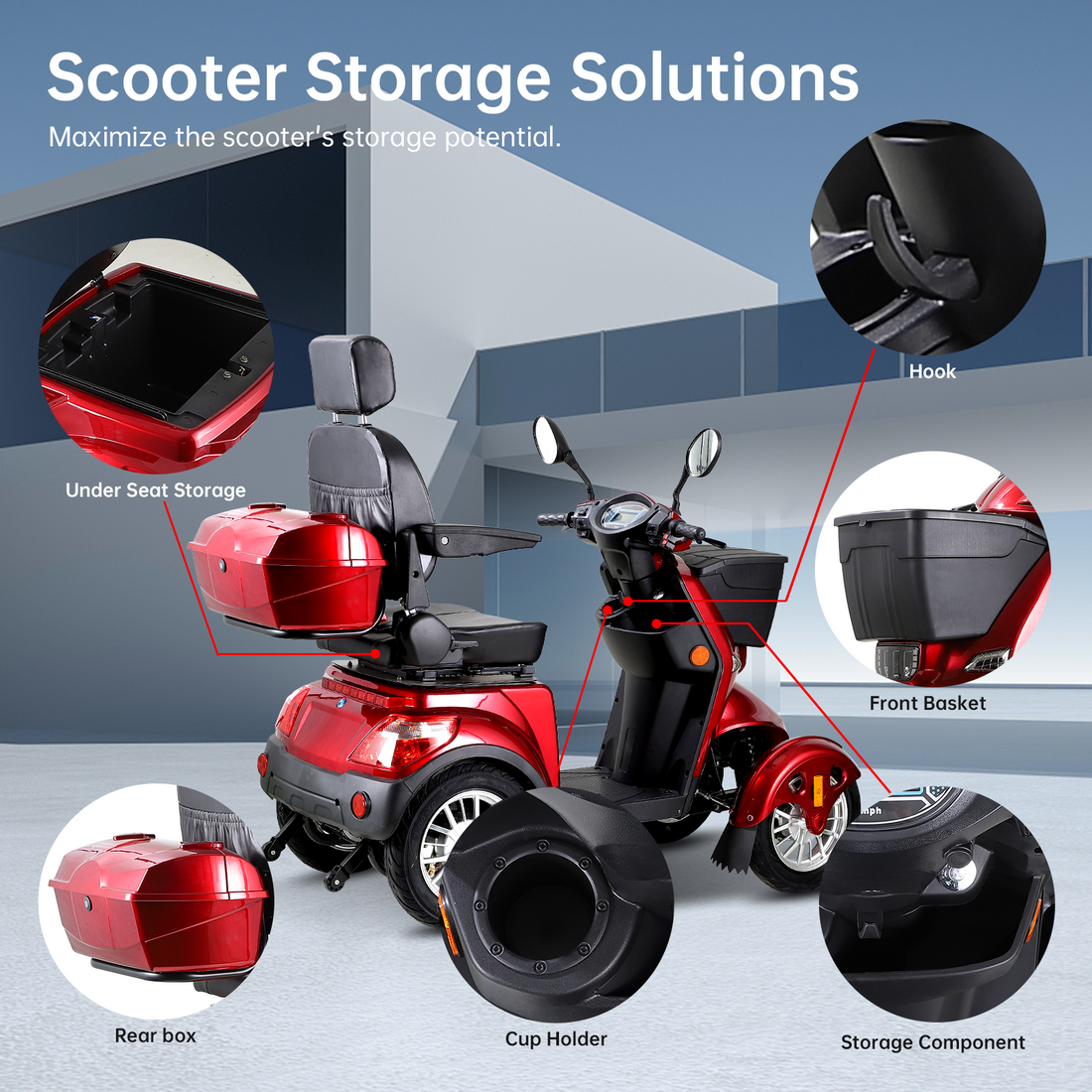 Xl3D4L Electric Mobility Recreational Travel Scooter For Adults,Mobility Scooters For Seniors, 4 Wheel Powered Mobility Scooters Red Abs Pc Abs Pc