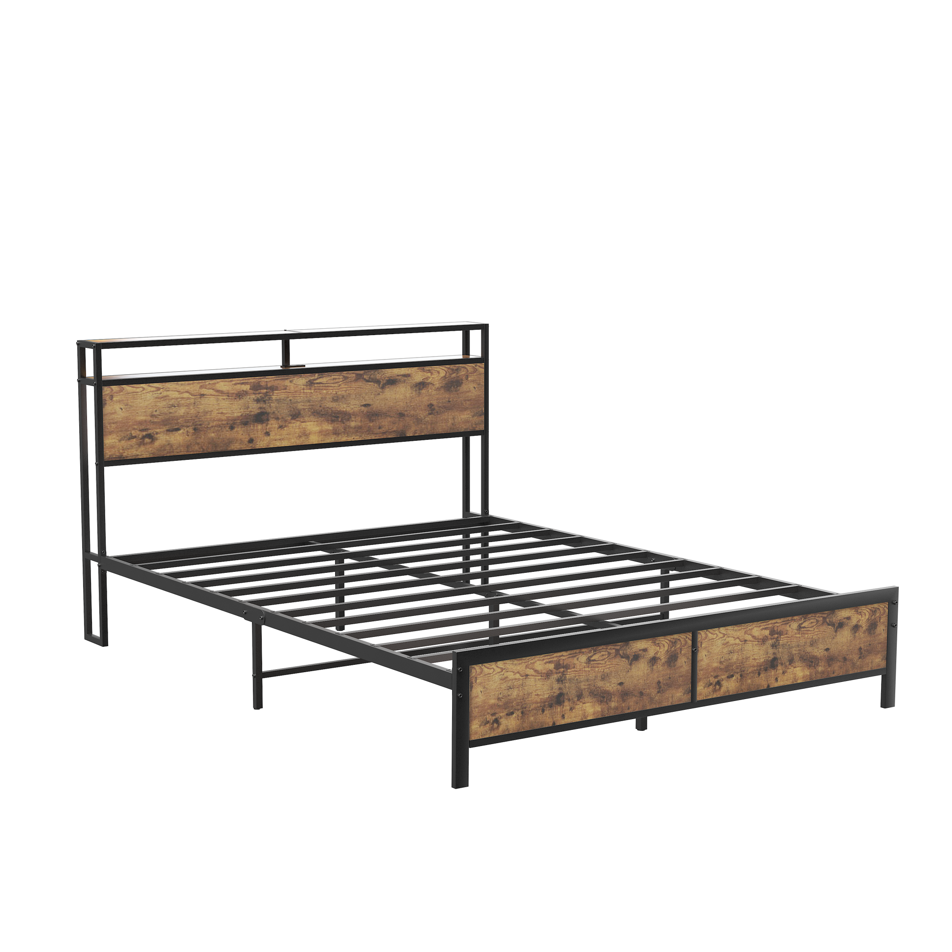 Industrial Full Bed Frame With Led Lights And 2 Usb Ports, Bed Frame Full Size With Storage, Noise Free, No Box Spring Needed, Rustic Brown Full Rustic Brown Metal Metal