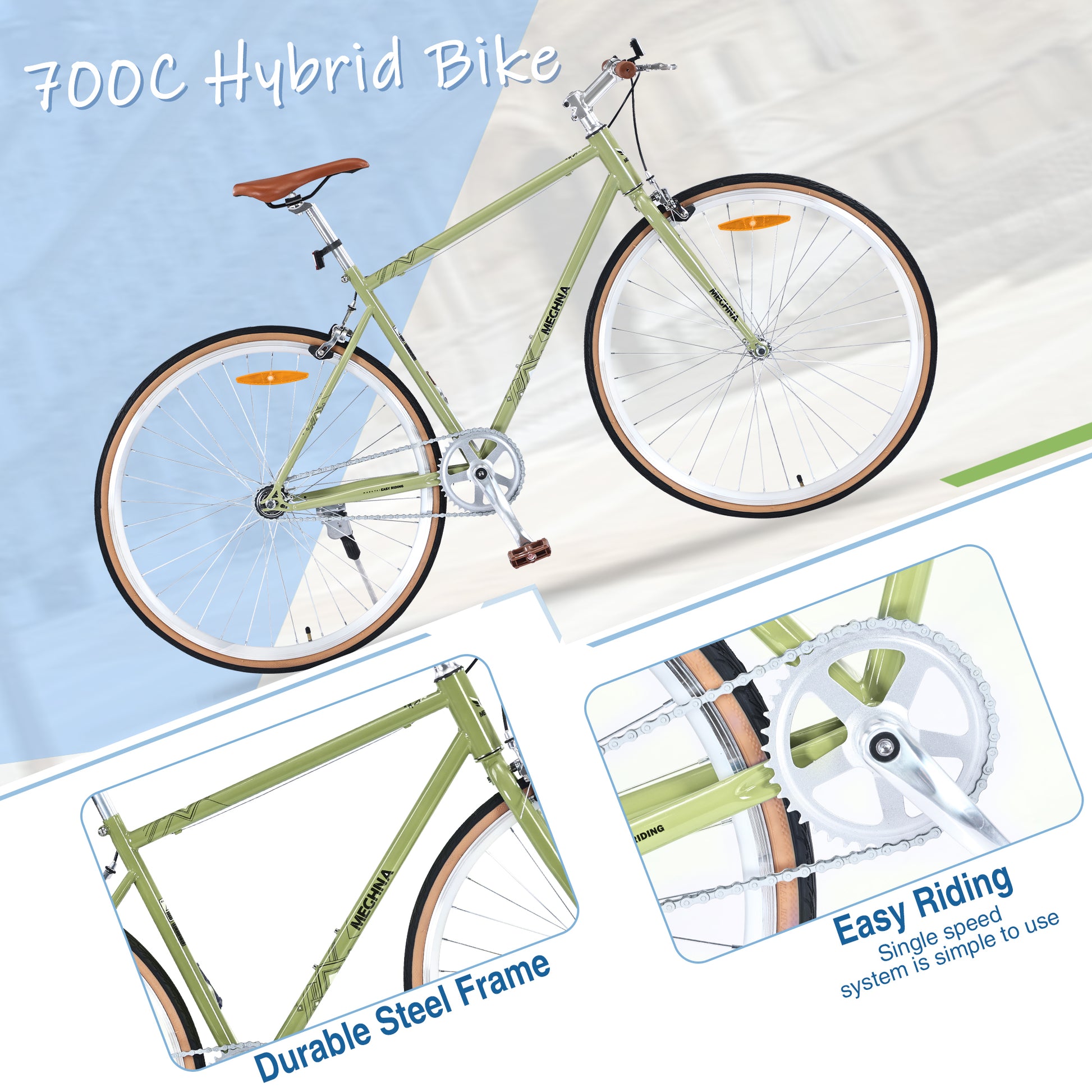 Single Speed Retro Style 700C Road Bike For Men Women'S City Bicycle,Steel Frame Light Green Steel