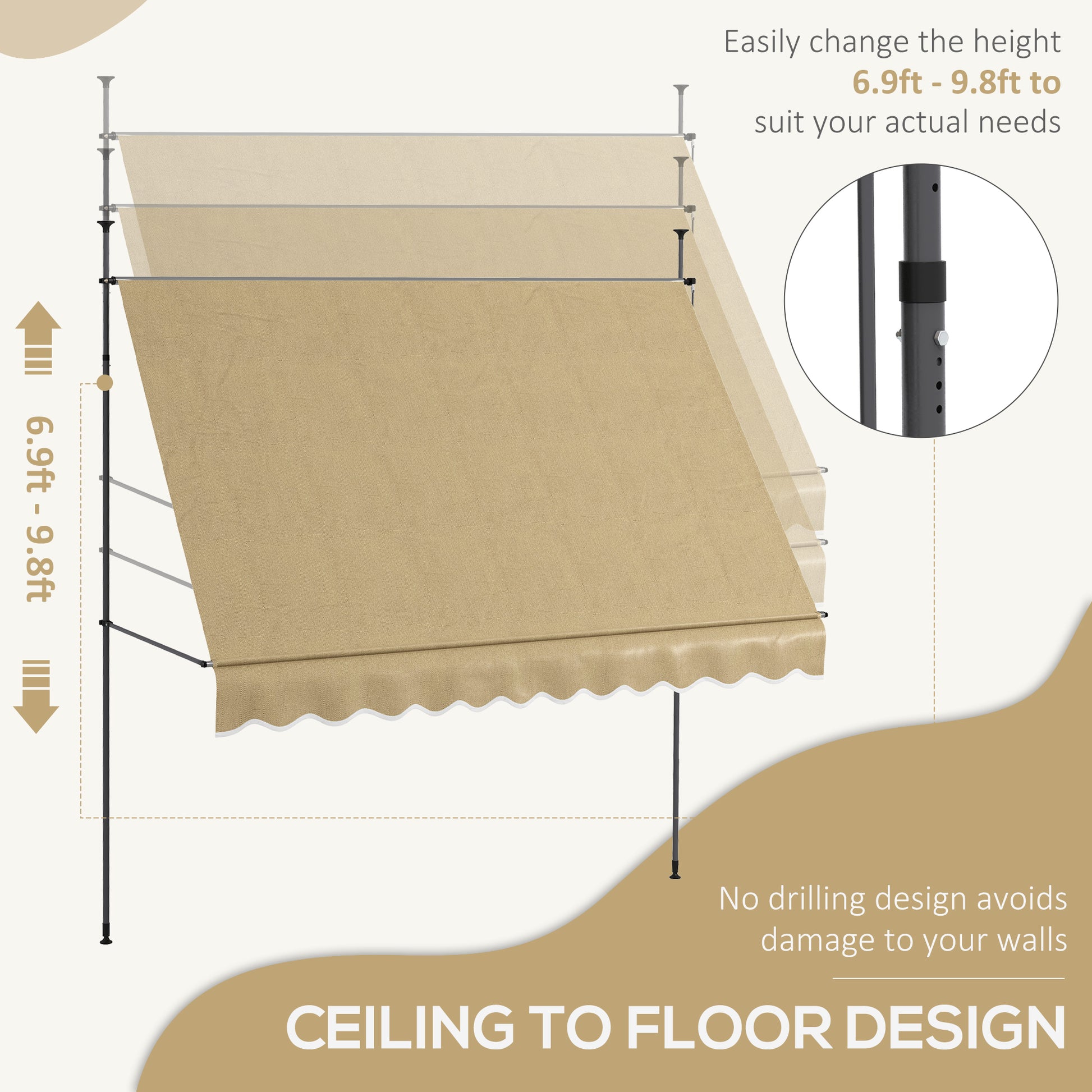 Outsunny Manual Retractable Awning, 118" Non Screw Freestanding Patio Sun Shade Shelter With Support Pole Stand And Uv Resistant Fabric, For Window, Door, Porch, Deck, Beige Beige Aluminum